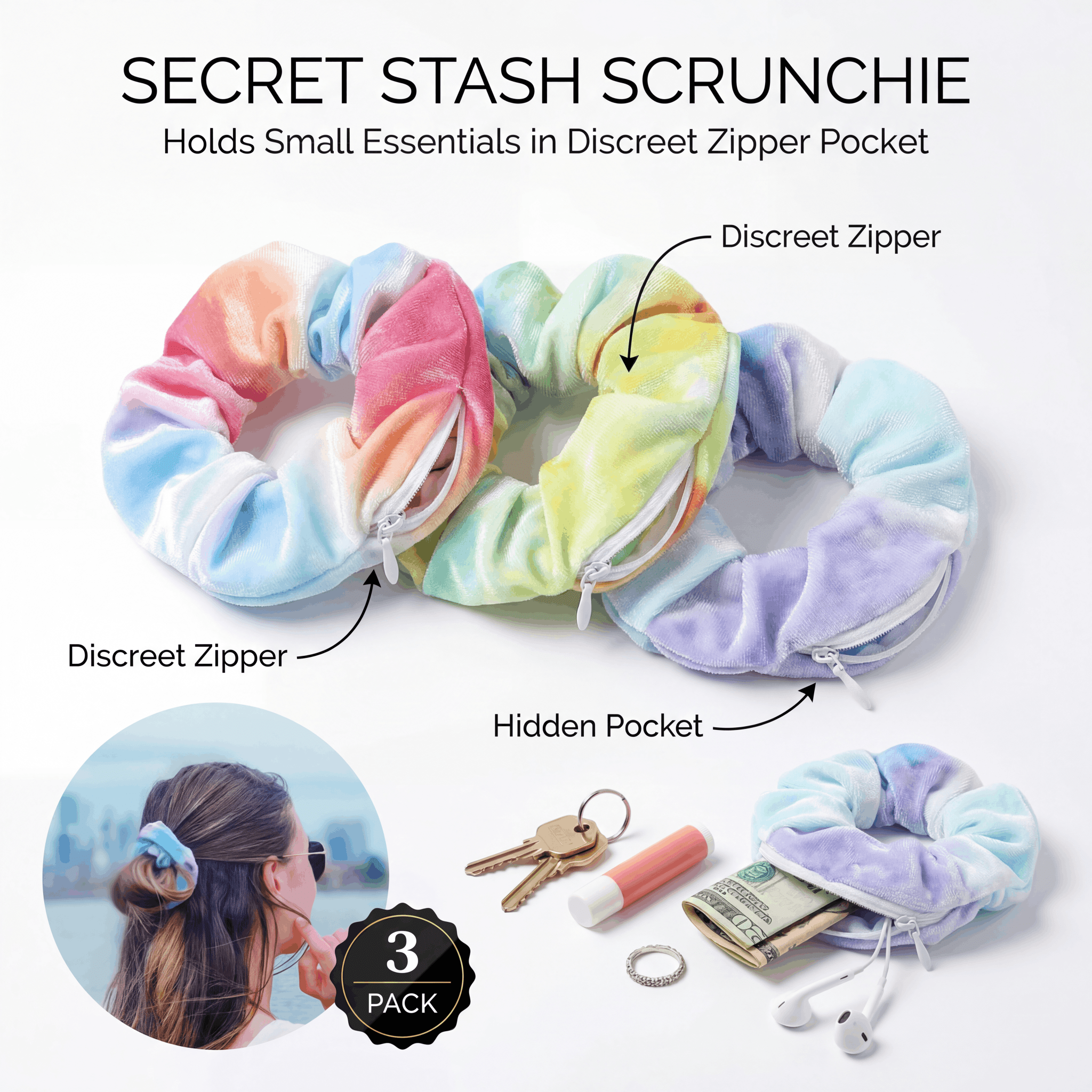 Secret Stash Compartment Scrunchies (3 Pack) - Rave Essentials Co.